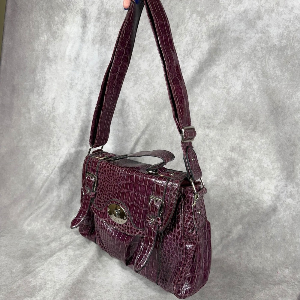 Vtg Y2K Strada Satchel Handbag Purple Crocodile Shoulder Bag Pocket Organizer